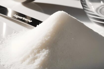 Eine grafische Darstellung von Aspartam und anderen Süßstoffen, die ihre chemische Struktur und mögliche gesundheitliche Auswirkungen auf den menschlichen Körper zeigt.