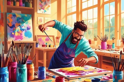 Ein Künstler malt mit einem Pinsel ein farbenfrohes Bild auf einer Leinwand.