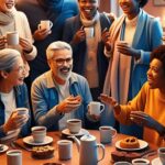 Eine Gruppe von Menschen, die um einen Tisch sitzt und in verschiedenen Sprachen miteinander kommuniziert, symbolisiert die Vorteile der Zweisprachigkeit und interkulturellen Interaktion.