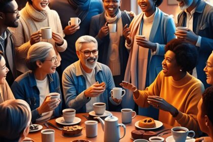 Eine Gruppe von Menschen, die um einen Tisch sitzt und in verschiedenen Sprachen miteinander kommuniziert, symbolisiert die Vorteile der Zweisprachigkeit und interkulturellen Interaktion.