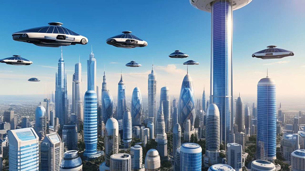 Was ist die beste Erfindung der Welt? Futuristische Stadtlandschaft mit Wolkenkratzern und fliegenden Autos unter einem klaren Himmel.