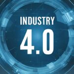 Futuristisches Bild mit dem Text "Industry 4.0" in der Mitte, umgeben von einem blauen, futuristischen Kreis, der technologische Vernetzung symbolisiert.