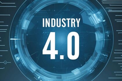 Futuristisches Bild mit dem Text "Industry 4.0" in der Mitte, umgeben von einem blauen, futuristischen Kreis, der technologische Vernetzung symbolisiert.