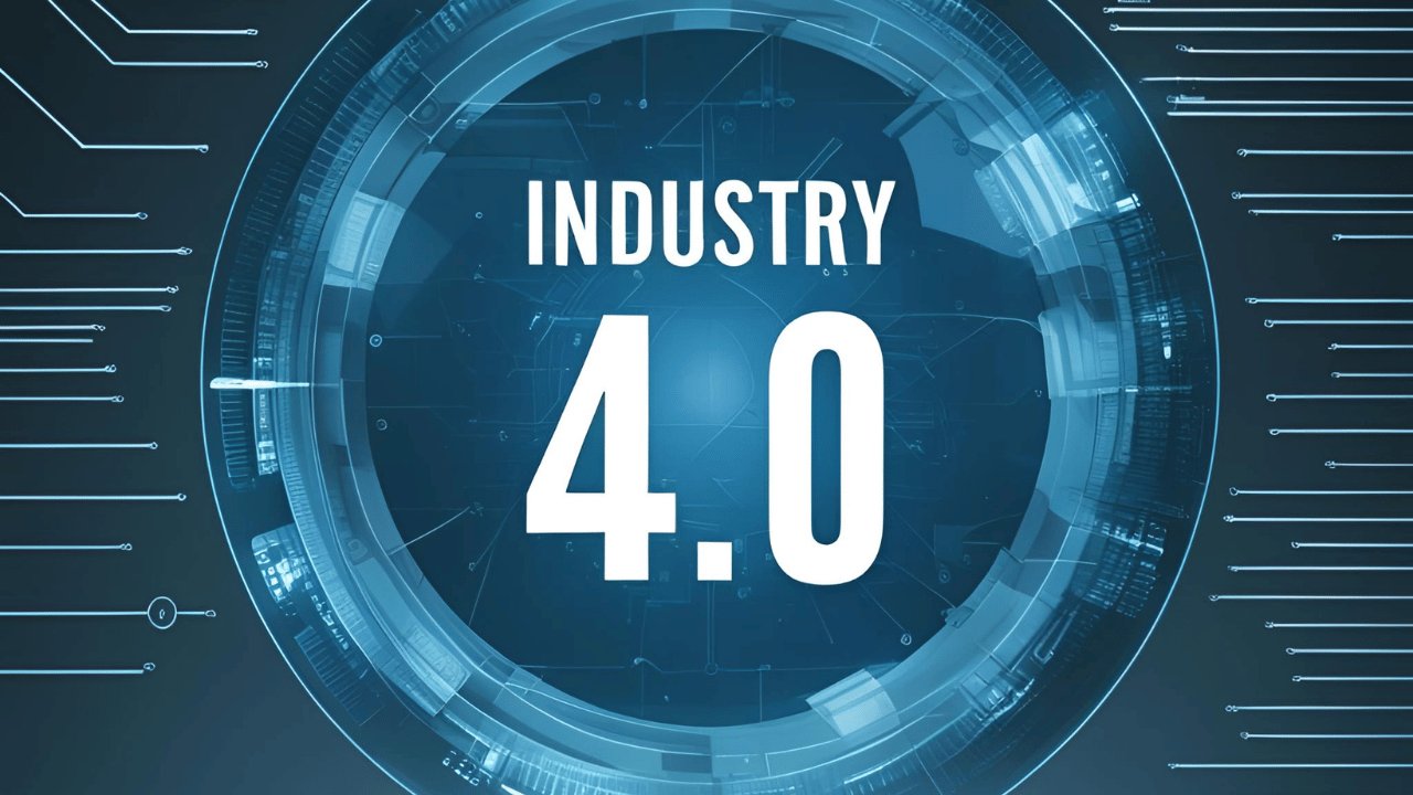 Industrie 4.0: Beispiele und Perspektiven der vierten industriellen Revolution Futuristisches Bild mit dem Text "Industry 4.0" in der Mitte, umgeben von einem blauen, futuristischen Kreis, der technologische Vernetzung symbolisiert.