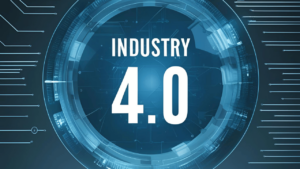 Futuristisches Bild mit dem Text "Industry 4.0" in der Mitte, umgeben von einem blauen, futuristischen Kreis, der technologische Vernetzung symbolisiert.