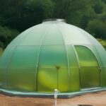 Natürlicher und anthropogener Treibhauseffekt Glashaus mit runder Glaskuppel umgeben von üppiger grüner Natur, symbolisiert den Einfluss des Treibhauseffekts auf das Wachstum von Pflanzen.