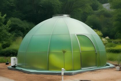 Glashaus mit runder Glaskuppel umgeben von üppiger grüner Natur, symbolisiert den Einfluss des Treibhauseffekts auf das Wachstum von Pflanzen.