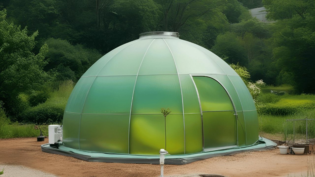 Natürlicher und anthropogener Treibhauseffekt Glashaus mit runder Glaskuppel umgeben von üppiger grüner Natur, symbolisiert den Einfluss des Treibhauseffekts auf das Wachstum von Pflanzen.