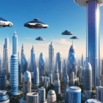 Futuristische Stadtlandschaft mit Wolkenkratzern und fliegenden Autos unter einem klaren Himmel.