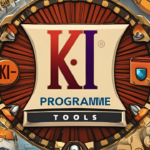 Grafik mit der Aufschrift 'KI PROGRAMME TOOLS' in Großbuchstaben, umgeben von technischen Elementen, die die Vielfalt und Innovation von Künstlicher Intelligenz darstellen.