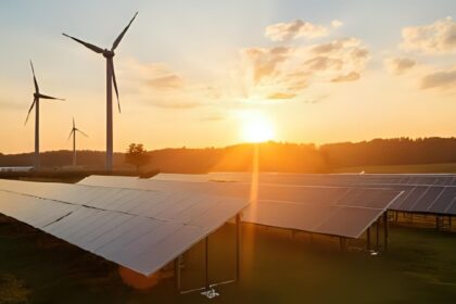 Photovoltaikanlagen im Feld mit Sonnenuntergang und Windrädern.