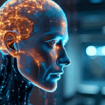 KI-Modelle 2025: Grenzen und Potenziale der Künstlichen Intelligenz Seitenprofil eines metallischen Roboterkopfes mit leuchtend blauen Synapsen und Nervenverbindungen, die das digitale Gehirn einer künstlichen Intelligenz symbolisieren.