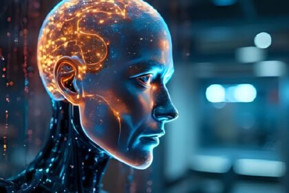 Seitenprofil eines metallischen Roboterkopfes mit leuchtend blauen Synapsen und Nervenverbindungen, die das digitale Gehirn einer künstlichen Intelligenz symbolisieren.