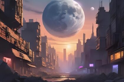 Katastrophenszenarien: Mond stürzt auf Erde mit zerstörten Hochhäusern