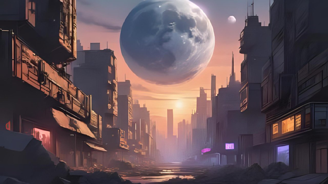 Katastrophenszenarien: Mond stürzt auf Erde mit zerstörten Hochhäusern