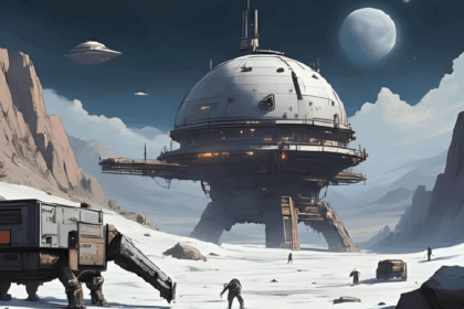 Was passiert, wenn wir eine Mondbasis errichten Wissenschaftliche Kolonisation: Menschliche Mondstation in futuristischer Landschaft