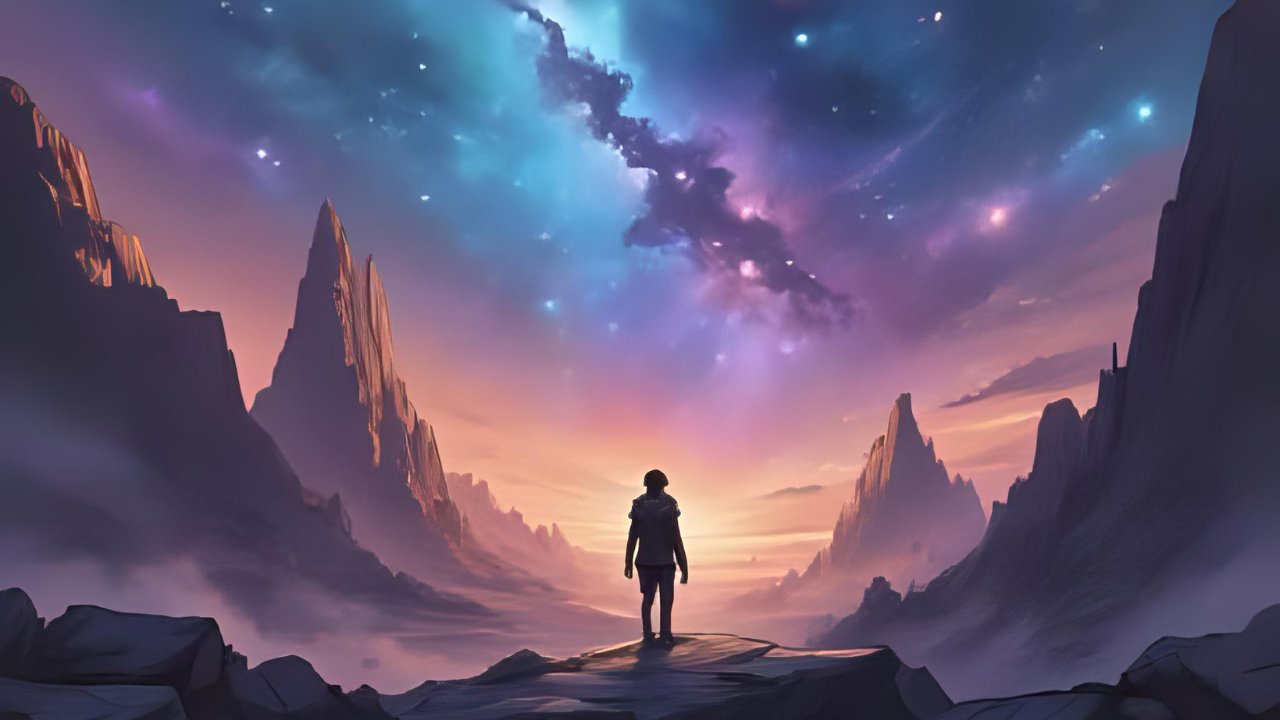 Was passiert, wenn wir unsterblich wären Hypothetisches Szenario der Unsterblichkeit: Einsame Person blickt in unendliche Weiten des Weltraums