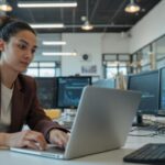 Frau arbeitet am Laptop in einem modernen Büro, umgeben von mehreren Monitoren.