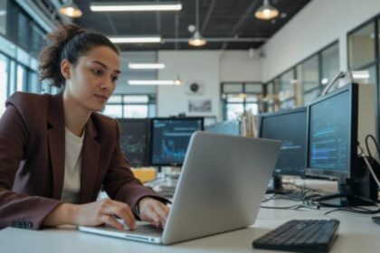 Frau arbeitet am Laptop in einem modernen Büro, umgeben von mehreren Monitoren.