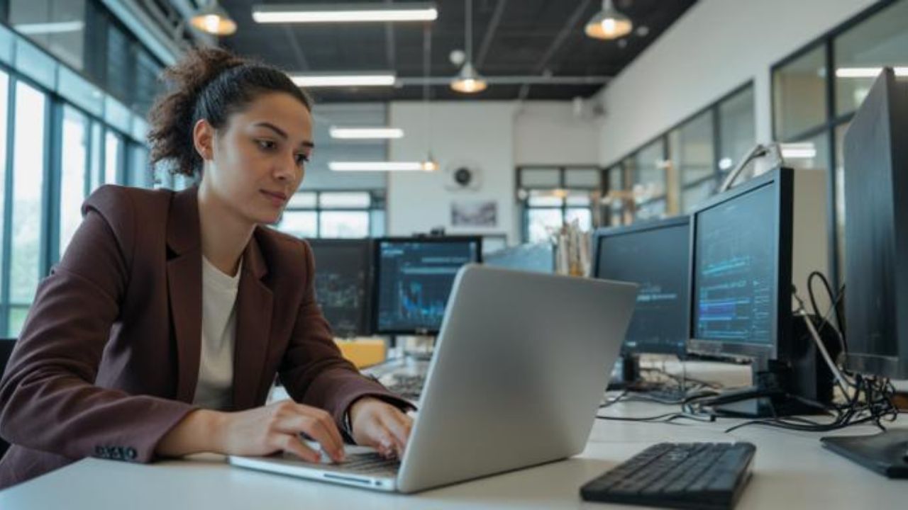 Frau arbeitet am Laptop in einem modernen Büro, umgeben von mehreren Monitoren.